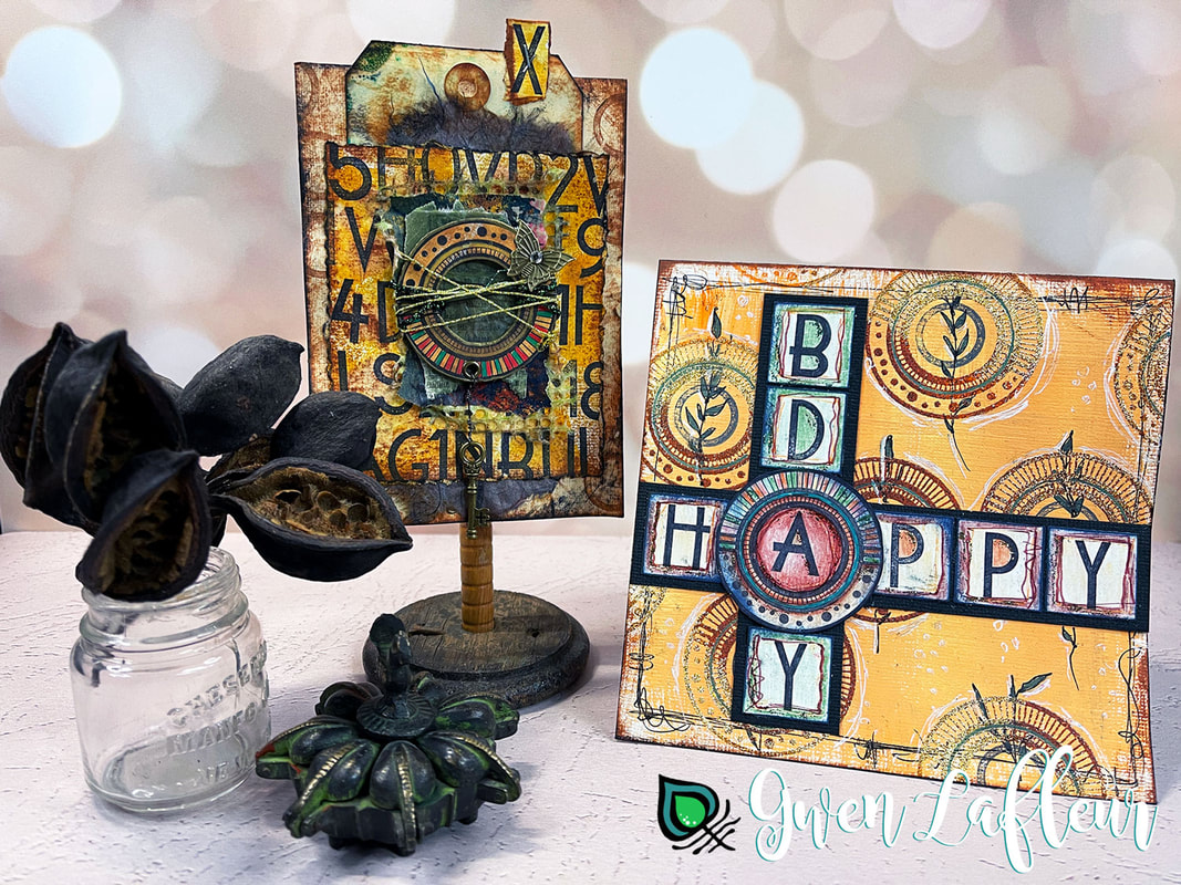 Photo of Birthday Card and Mixed Media Artwork with the EGL16 alphabet stamp set by Gwen Lafleur for PaperArtsy.