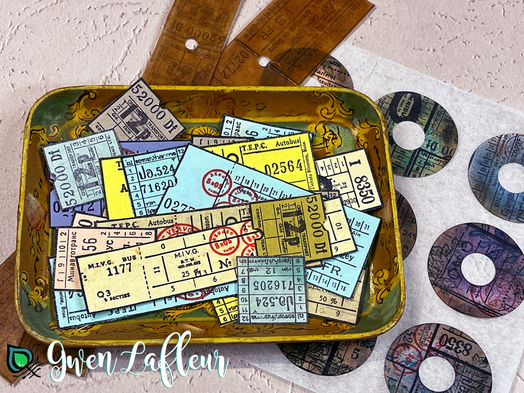 Photo of sample stamped tickets and stickers with the EGL17 vintage tickets stamp set by Gwen Lafleur for PaperArtsy.