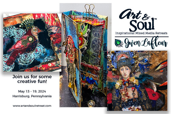 Collage of Samples for workshops by Gwen Lafleur at Art & Soul 2024 in Harrisburg.