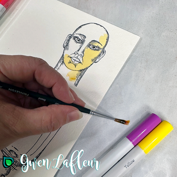 Photo showing using watercolor markers to color a stamped face.