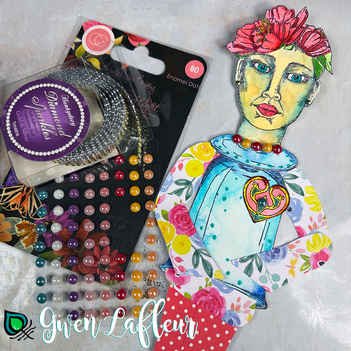 Picture showing how to use jewels and enamel dots to add jewelry to the stamped art doll.