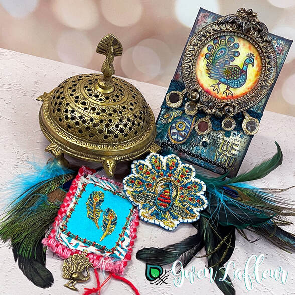 Photo of Embroidered brooch, embellishment, and Mixed Media Artwork with the EGL18 peacocks stamp set by Gwen Lafleur for PaperArtsy.