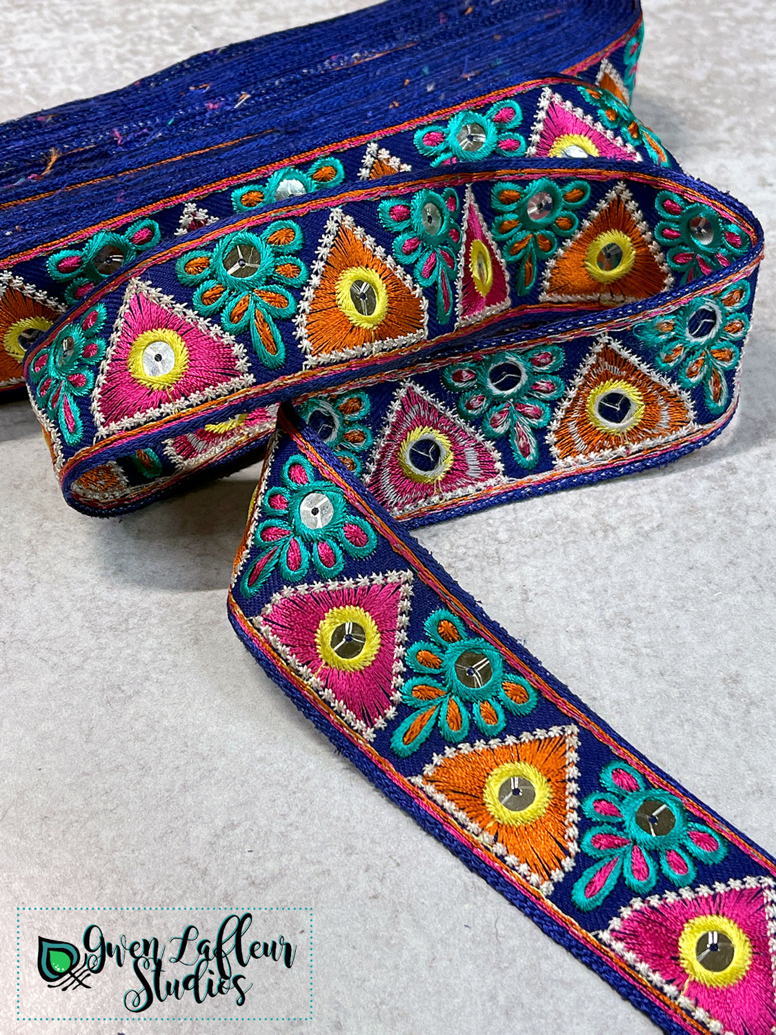 Thai Embroidered Trim - Multi-Colored on Blue, By the Foot