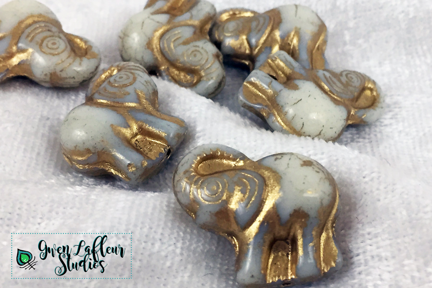 Glass Elephant Beads Antiqued Ivory 11mm Engraved Czech Glass Zoo Animal 12pc