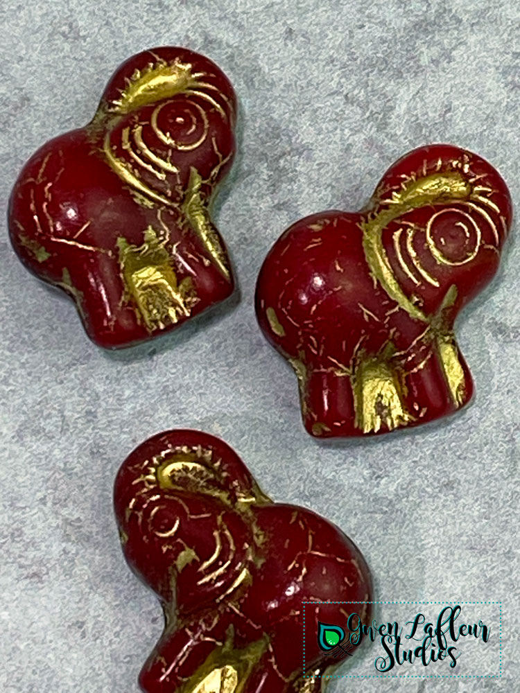 NEBULA Opaque Mahogany GOLD Wash 20mm Happy Elephant Beads Czech Glass Pressed Bead 2pcs ELEPHANTS